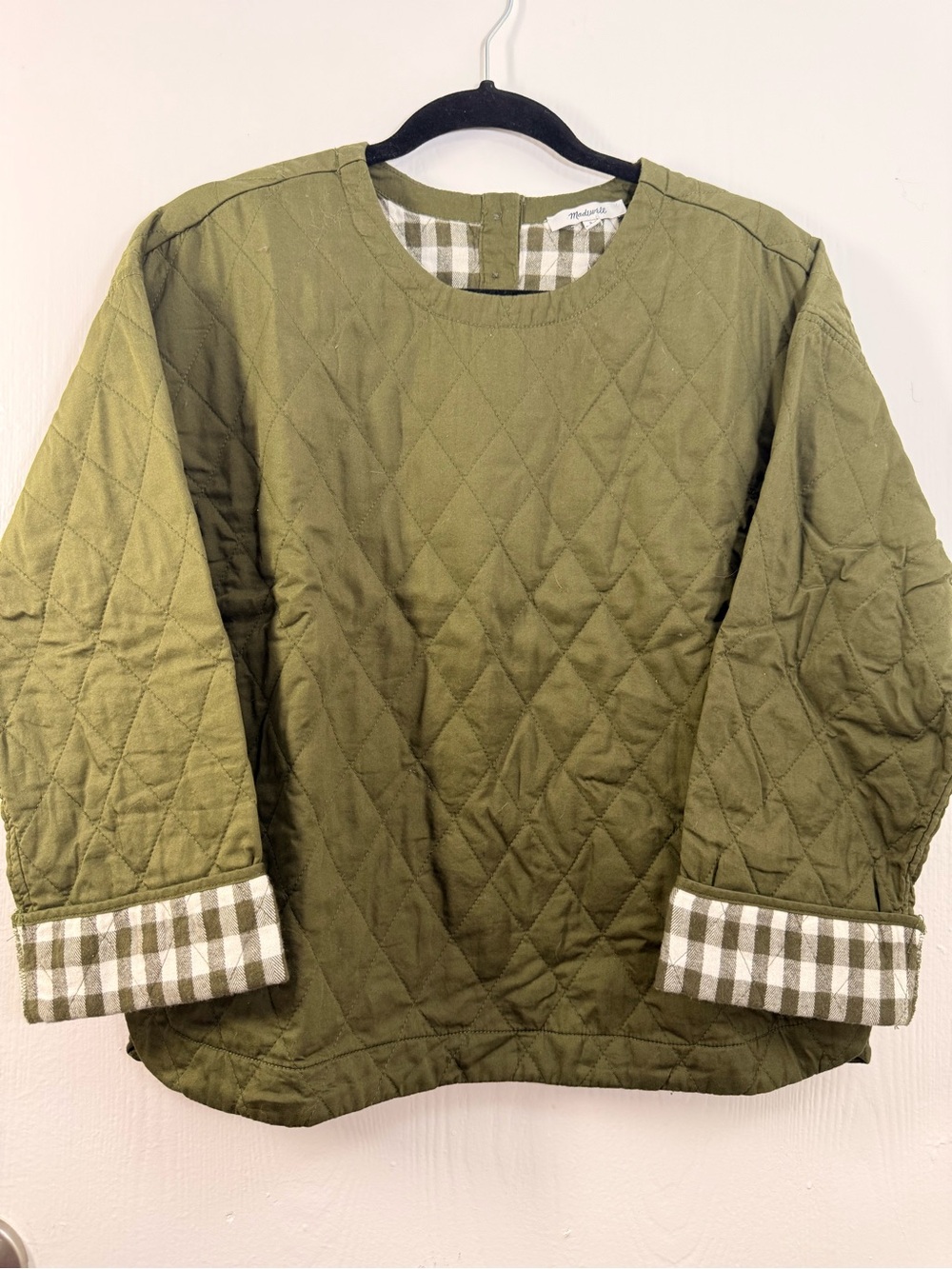 Madewell Olive Quilted Pullover with Gingham Trim - NWT